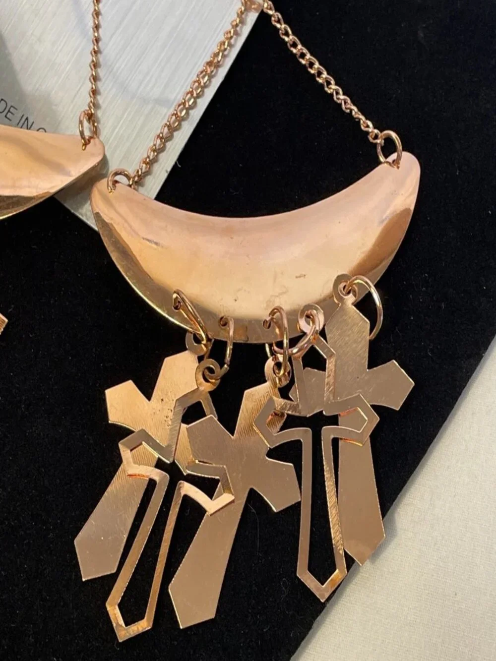 Statement Crescent Moon Dangle Earrings Boho Copper Tone Chandelier Cross Charms - Picture 7 of 10
